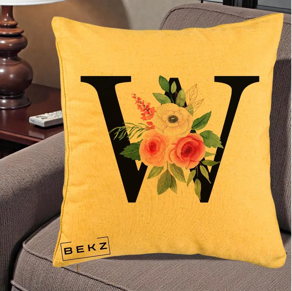 Cadou Personalizat - Perna Personalizata Monograma Florala Litera W cu Trandafiri si Anemona, 40x40 cm, Galben, Husa Detasabila, Perna Inclusa, BEKZ®