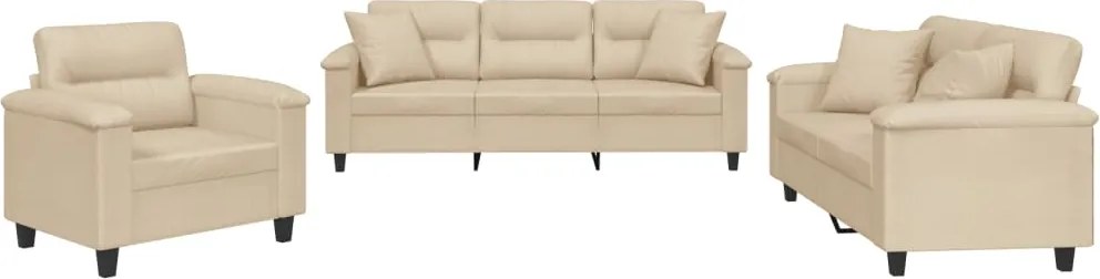 vidaXL Set de canapele cu perne, 3 piese, crem, microfibră