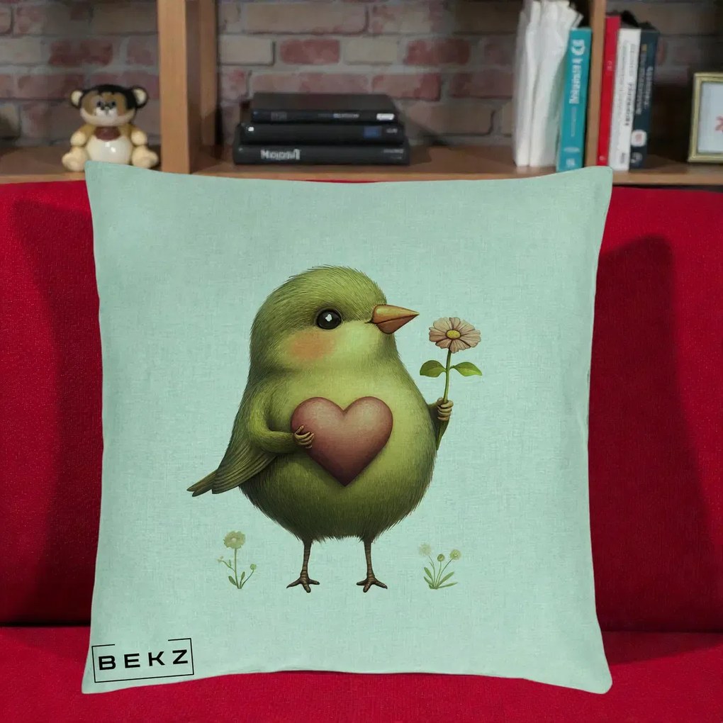 Perna Decorativa Pasare Verde cu Inima si Floare, 40x40 cm, Verde Menta, Husa Detasabila, Perna Inclusa, BEKZ®