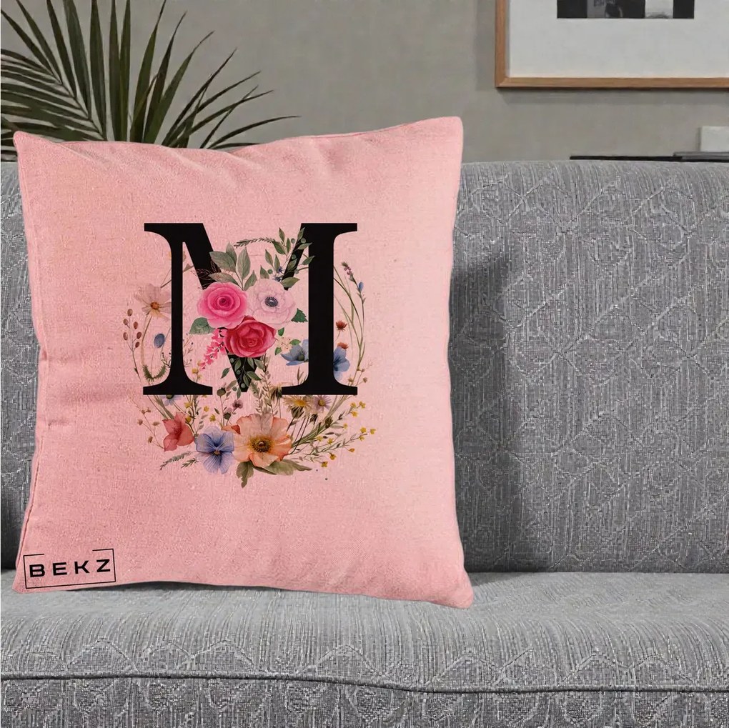 Cadou Personalizat - Perna Personalizata Monogram Litera M cu Flori Acuarela, 40x40 cm, Roz, Husa Detasabila, Perna Inclusa, BEKZ®