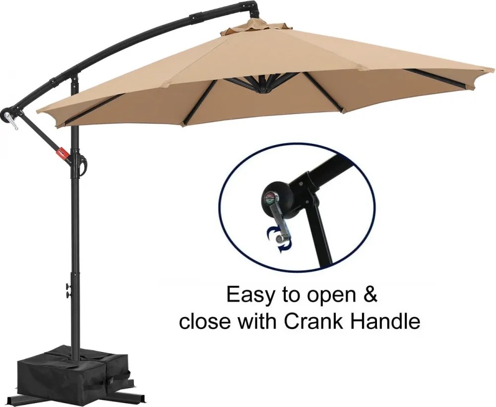 Umbrelă suspendată de grădină, cu braț lateral și manivelă, impermeabilă, protecție UV, bază în cruce inclusă + BONUS sac greutate (weights bag inclus), Kaki