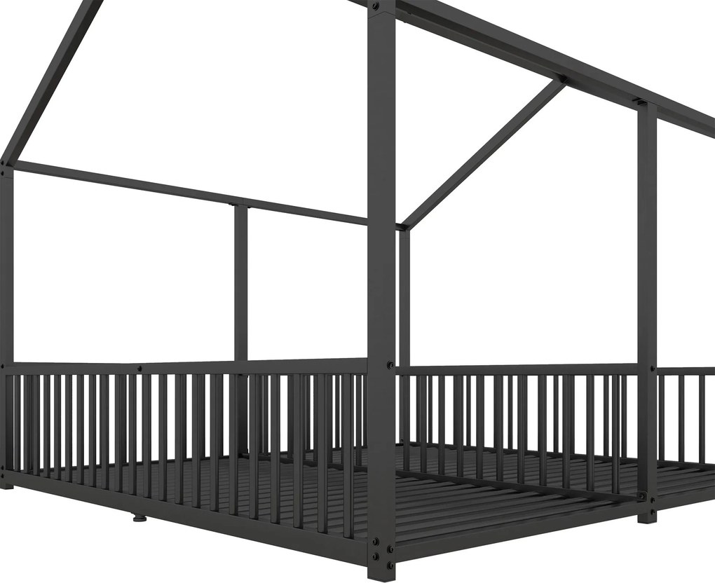 Pat dublu pentru copii 90x200 cm, formă de casă, cu barieră de siguranță, fără saltea, Negru