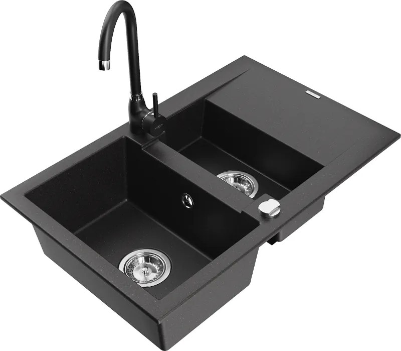 Mexen Gaspar chiuvetă de bucătărie din granit cu 1,5 cuve cu scurgător și baterie Telma, negru - 6507-77-670200-70