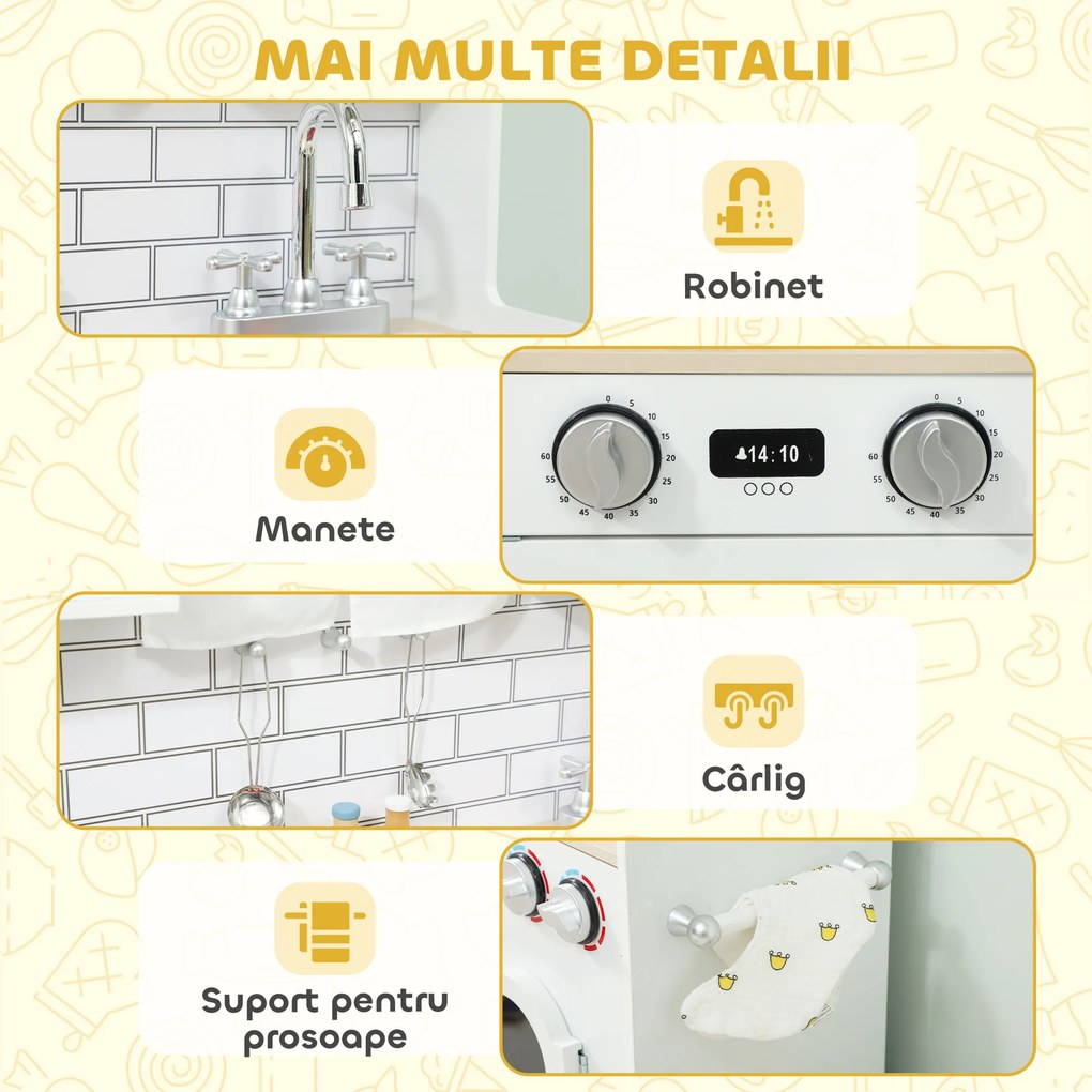 AIYAPLAY Bucătărie de Jucărie pentru Copii 3-6 Ani din Lemn cu Set de Accesorii, Chiuvetă și Butoane cu Sunete, Alb | Aosom Romania