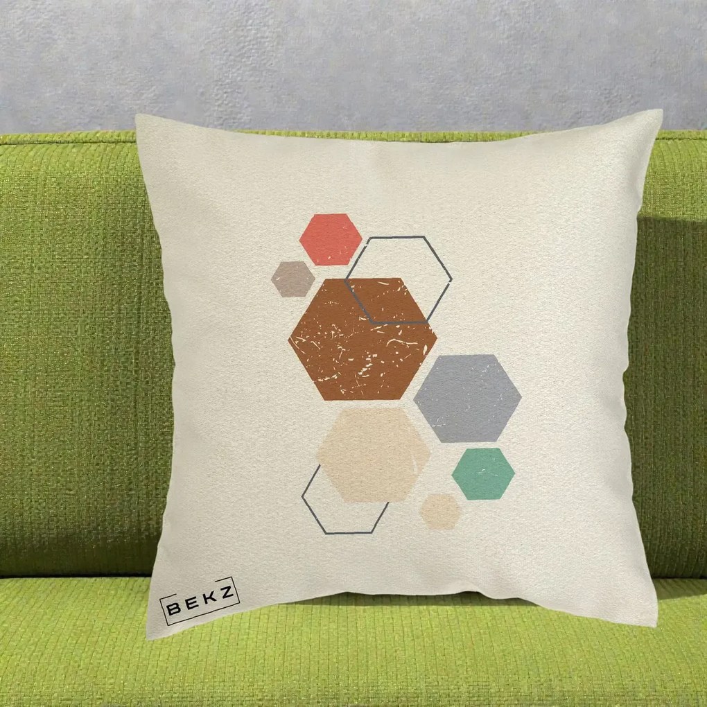 Perna decorativa boho Geometric Hexagoane Multicolor, 40x40 cm cu Umplutura, Ecru, BEKZ