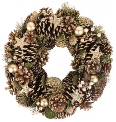Decoratiune Craciun, coroana cu conuri si globuri, auriu, 34 cm