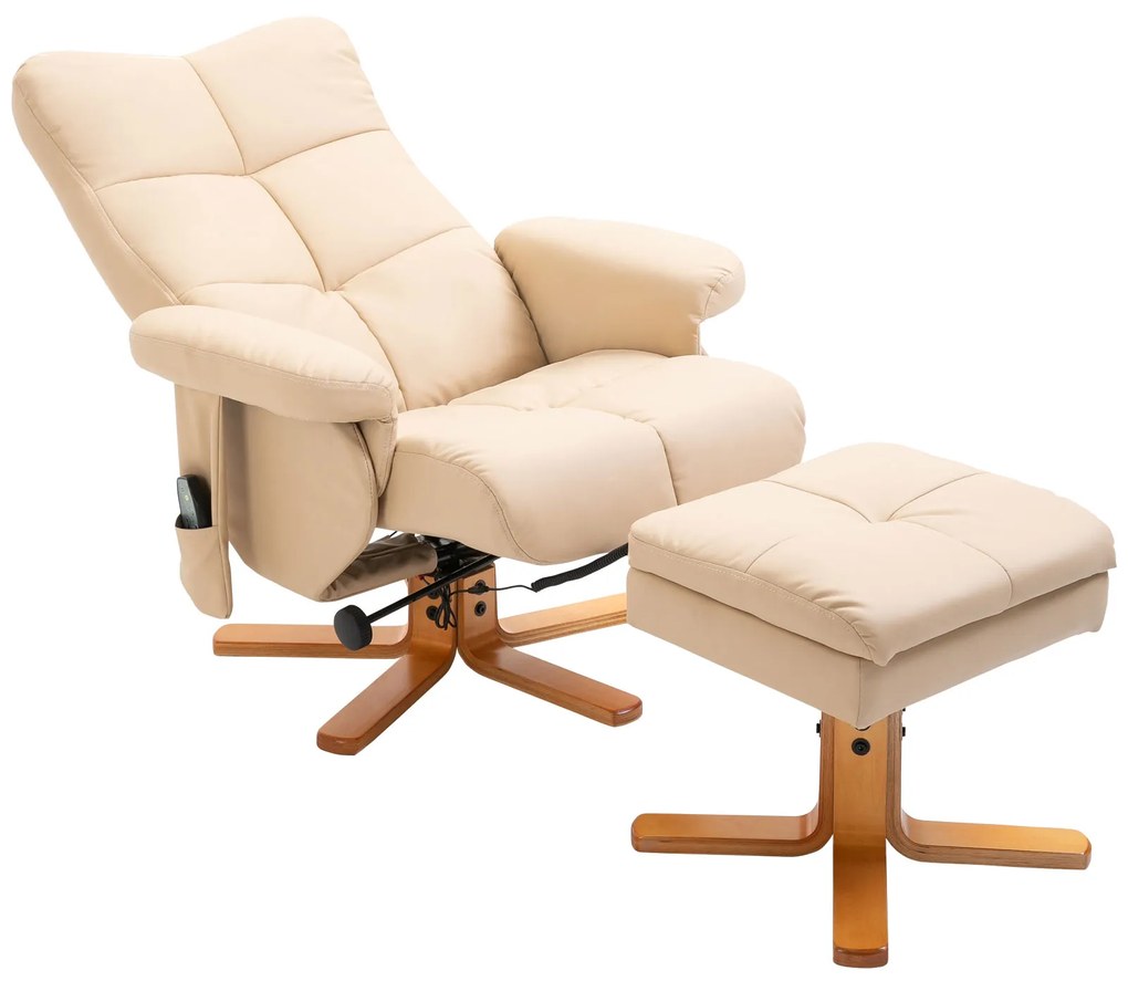 HOMCOM Massagesessel cu Hocker, Scaun de relaxare electric rotativ la 360° cu funcție de întindere și spațiu de depozitare, scaun TV cu buzunar lateral și telecomandă pentru sufragerie, piele ecologică, Crem | Aosom Romania