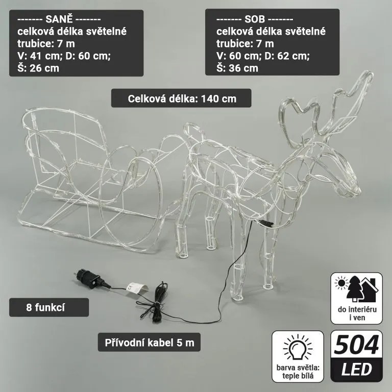 Decorațiune de Crăciun ren cu sanie, alb rece, 140 cm