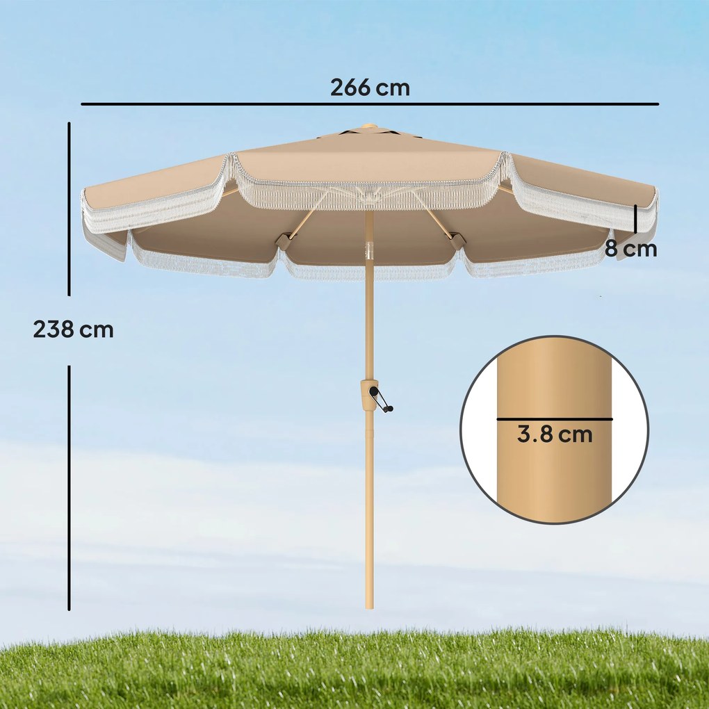 Outsunny Umbrelă de grădină pentru exterior 266 cm, umbrelă înclinabilă, franjuri, manivelă, 8 nervuri, țesătură poliester 180 g/m², kaki | Aosom Romania
