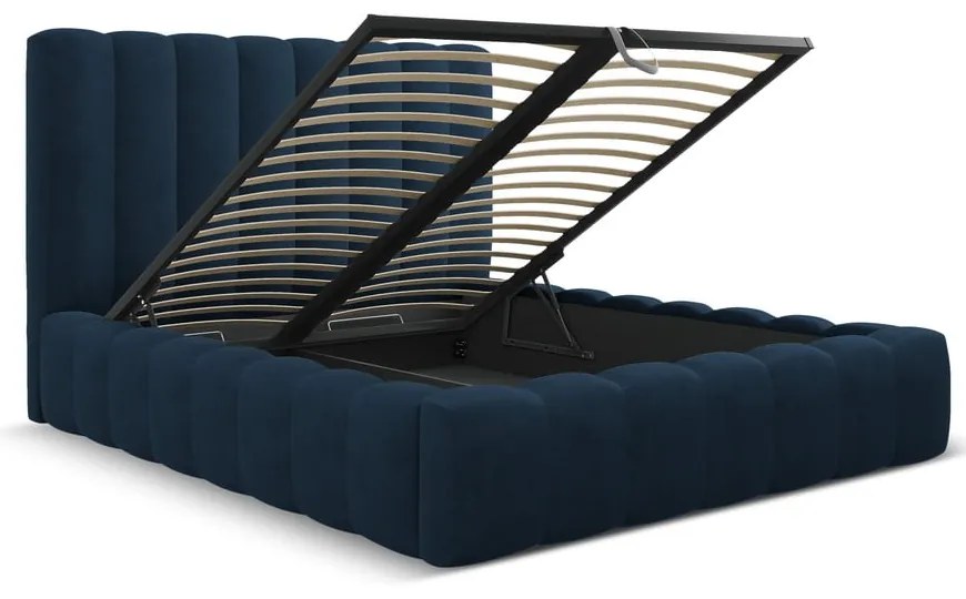 Pat matrimonial albastru închis tapițat cu spațiu de depozitare cu somieră 160x200 cm Kelp – Micadoni Home