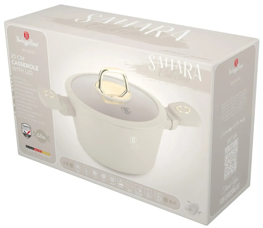 Oală cu capac 20 cm, 2.5L – Berlinger Haus Sahara Collection BH 8070, crem, cu strat antiaderent cu titan, pentru gătit zilnic