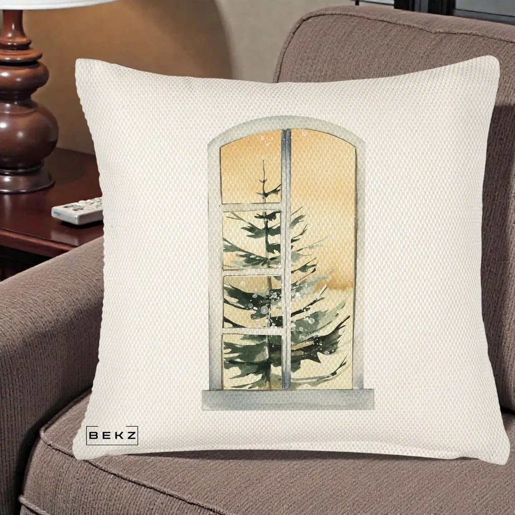 Perna Decorativa Fereastra cu Brad de Iarna, 40x40 cm, Crem Reliefat, Husa Detasabila, Perna Inclusa, BEKZ®