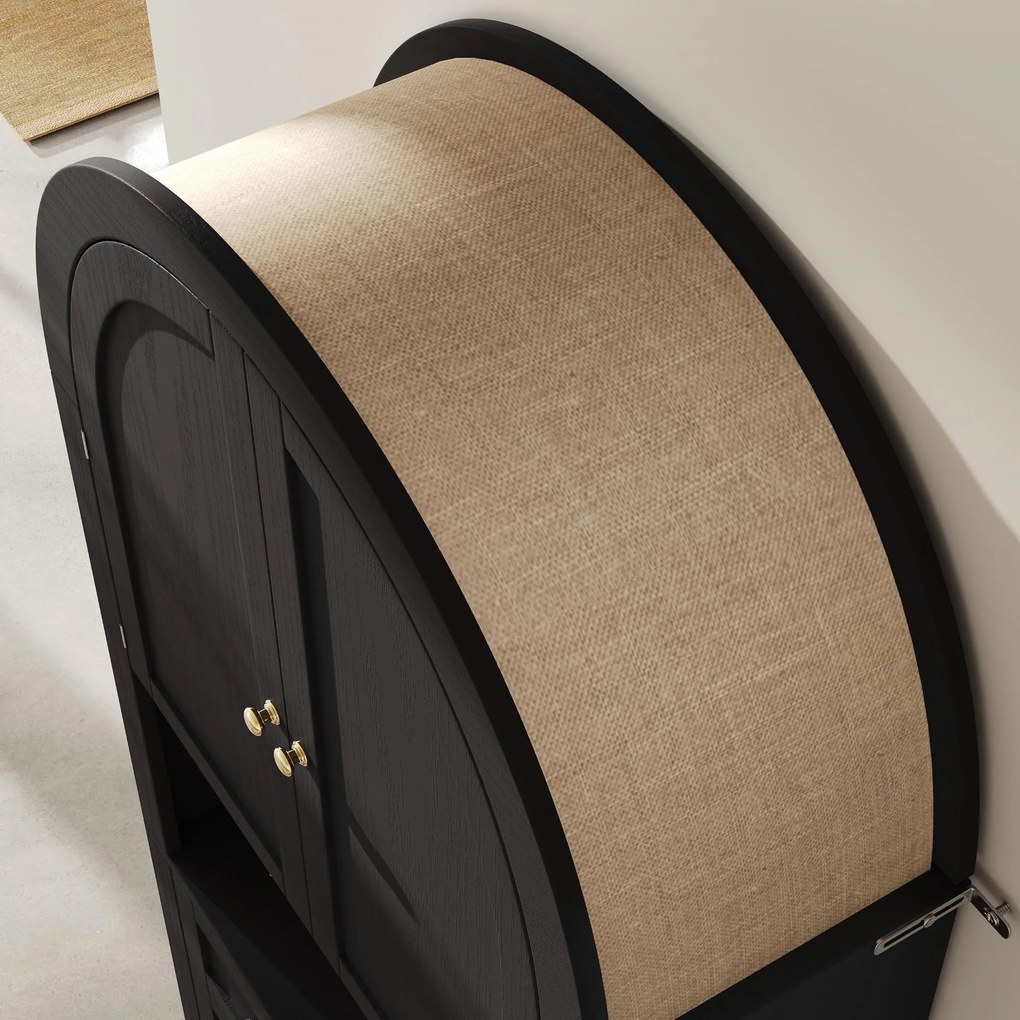 Dulap de depozitare înalt cu arc, cu 3 sertare, uși și compartiment deschis pentru expunere, pentru bucătărie și living, 70x35x180 cm, Negru