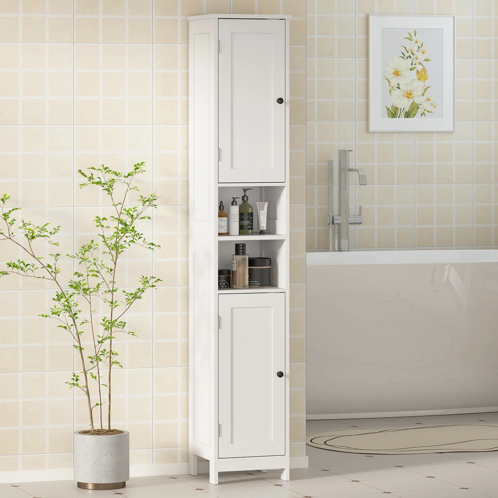 HOMCOM Dulap înalt și îngust pentru baie cu uși, rafturi deschise, 30 x 30 x 170 cm, Alb | Aosom Romania