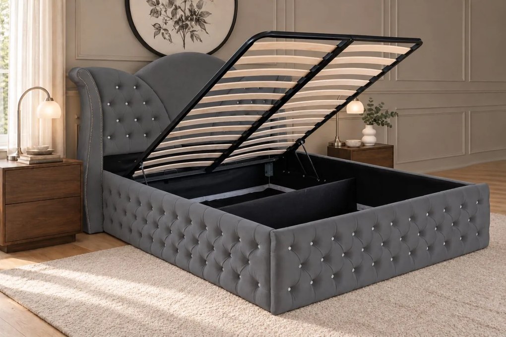 Pat tapițat Chesterfield din catifea Velora Deluxe 160×200 cm, gri închis, cu ladă de depozitare