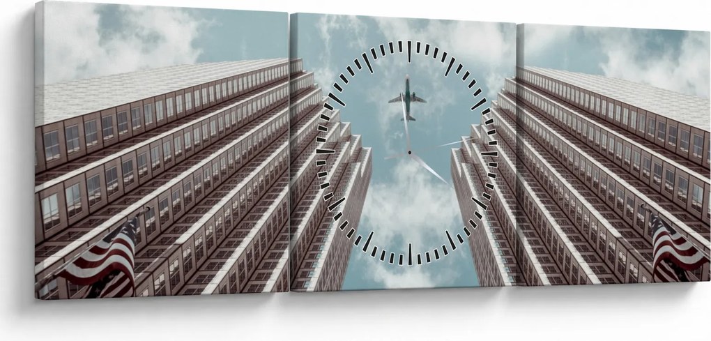 Tablou cuavion între clădiri (cu ceas) (90x30 cm)