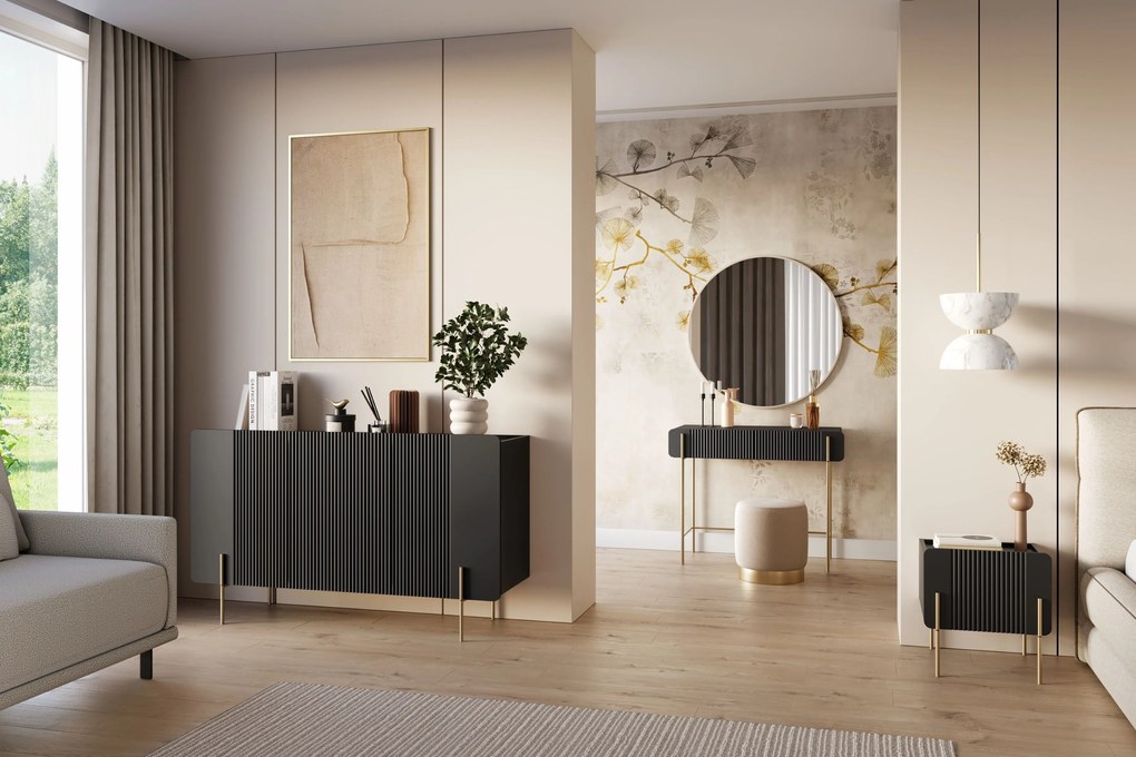 Comodă Malmi 150 cm cu trei uși - negru mat / picioare aurii