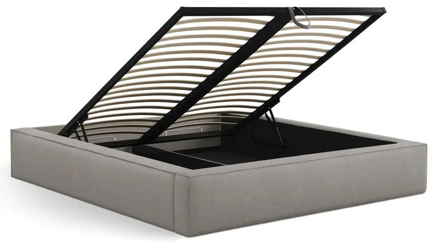Pat matrimonial gri deschis tapițat cu spațiu de depozitare cu somieră 180x200 cm Simon Olivia – Micadoni