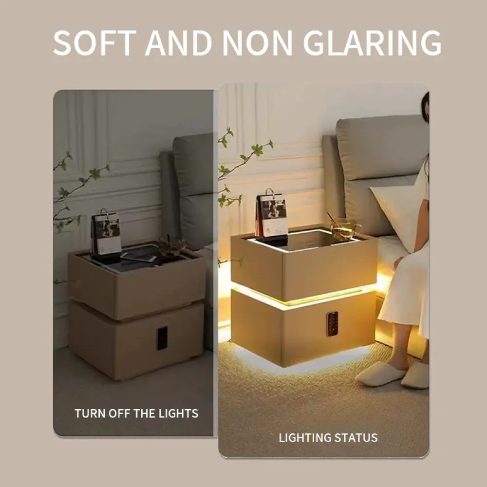 Noptieră inteligentă multifuncțională, sertar tip seif cu blocare cu parolă, încărcare Wireless, difuzor Bluetooth, iluminare LED touch în 3 culori, Alb