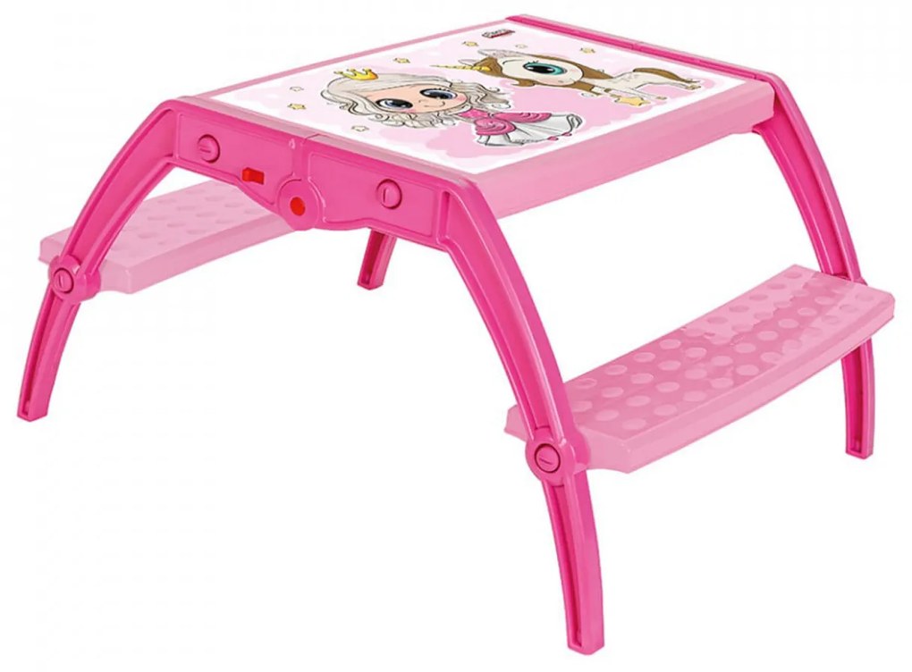 Masuta copii din plastic aditivat cu doua bancute Novokids™ Study Table, dimensiuni 95X78X49 cm, Suprafata lucioasa, Model Printesa cu Unicorn, Roz
