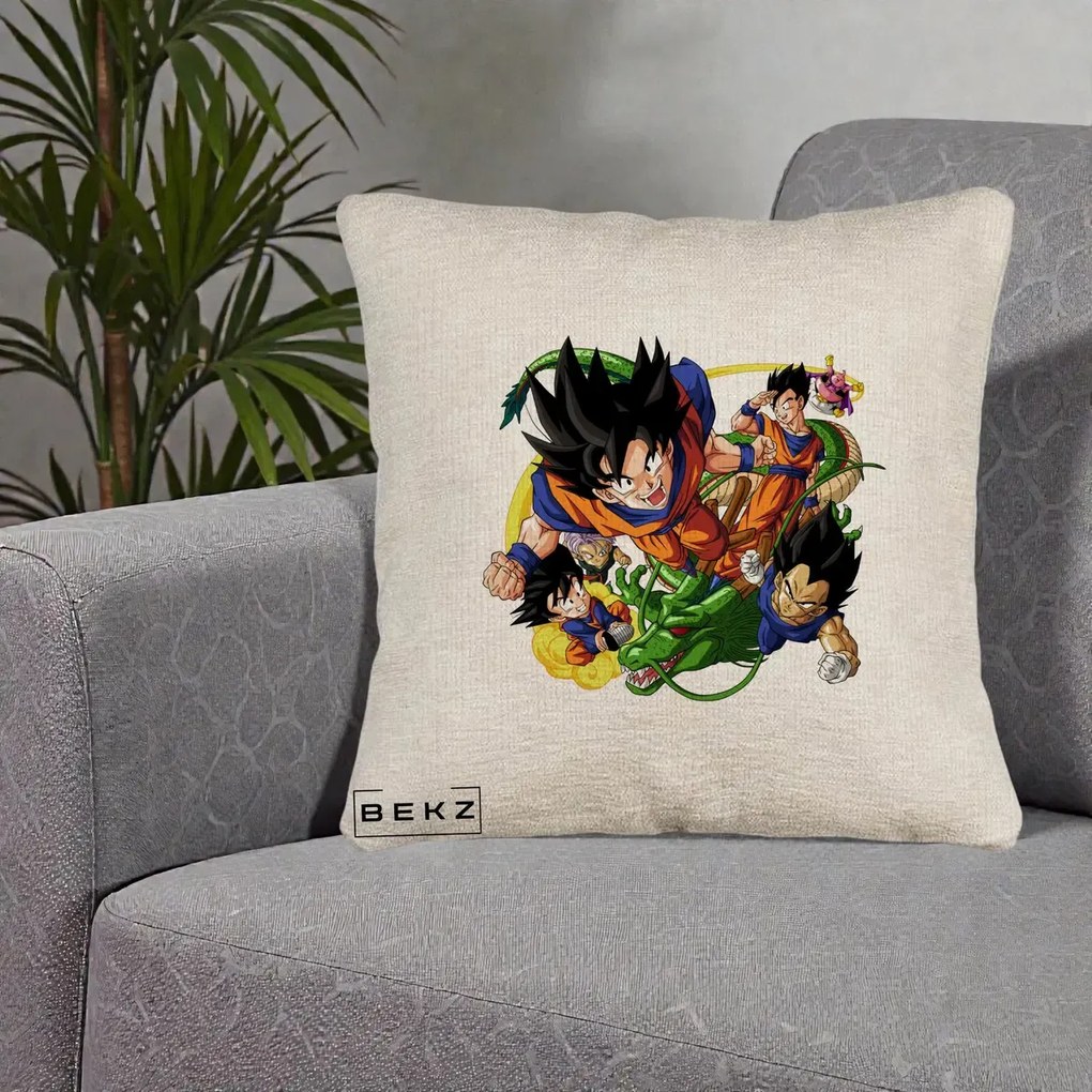 Perna Personalizata Dragon Ball Goku si Shenron Actiune, 40x40 cm, Bej Canapea, Husa Detasabila, Perna Inclusa, BEKZ®