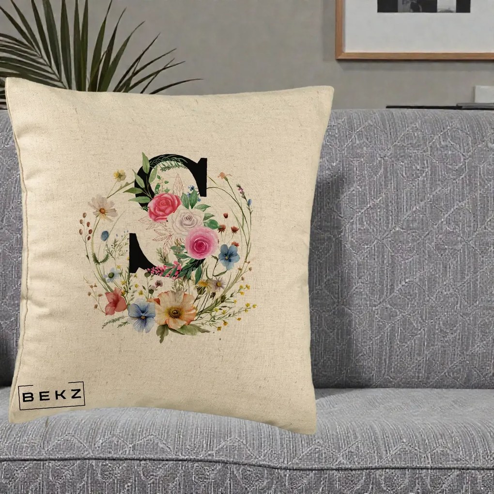 Cadou Personalizat - Perna Personalizata Monogram Litera S cu Flori Acuarela, 40x40 cm, Bej, Husa Detasabila, Perna Inclusa, BEKZ®