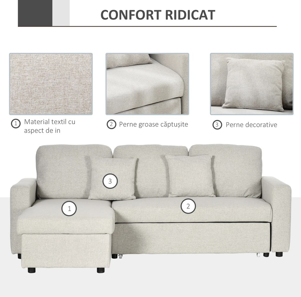 HOMCOM Canapea Extensibilă de Colț în Formă de L, Cu Șezlong Convertibil și Spațiu de Depozitare, Tapițerie Crem cu Efect de In, Perne Incluse | Aosom Romania