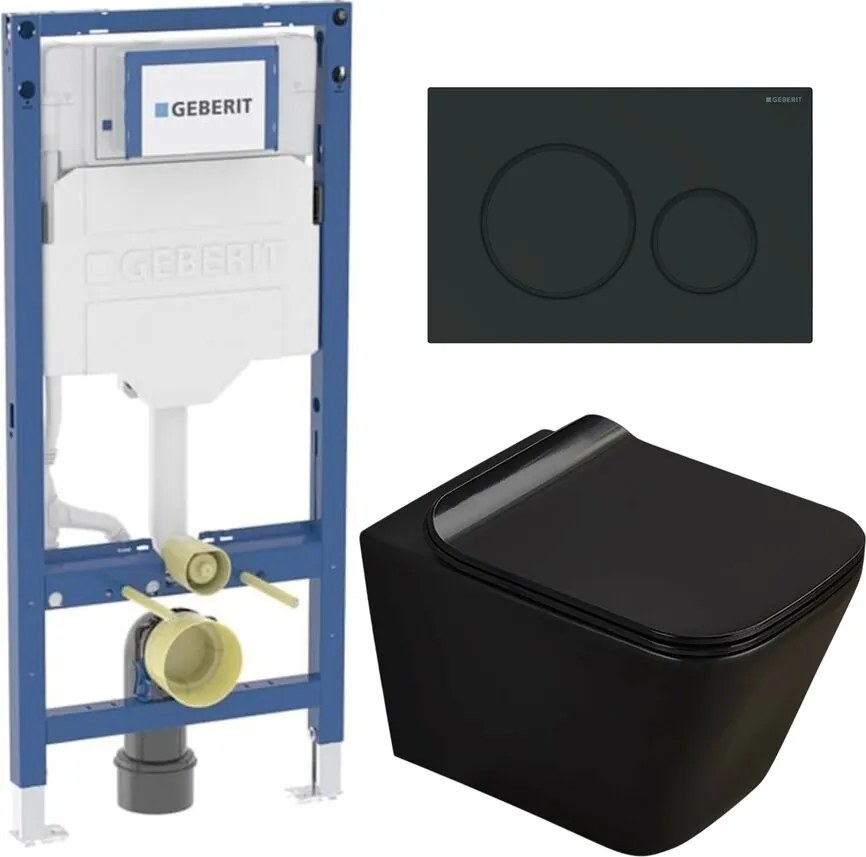 Set rezervor incastrat Geberit Duofix cu set fixare si clapeta Sigma01 negru lucios plus vas WC Rune Jord cu capac softclose