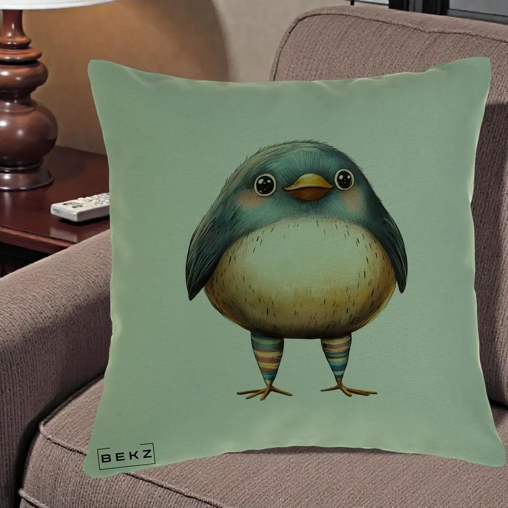 Perna Decorativa Pasare Teal-Bej cu Sosete Curcubeu, 40x40 cm, Verde, Husa Detasabila, Perna Inclusa, BEKZ®