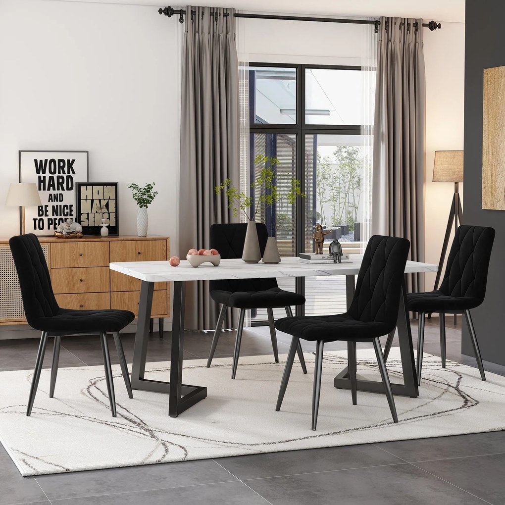 Set de 4 scaune tapițate în catifea twill pentru sala de mese cu spătar, structură din metal, 45x40x86 cm, Negru