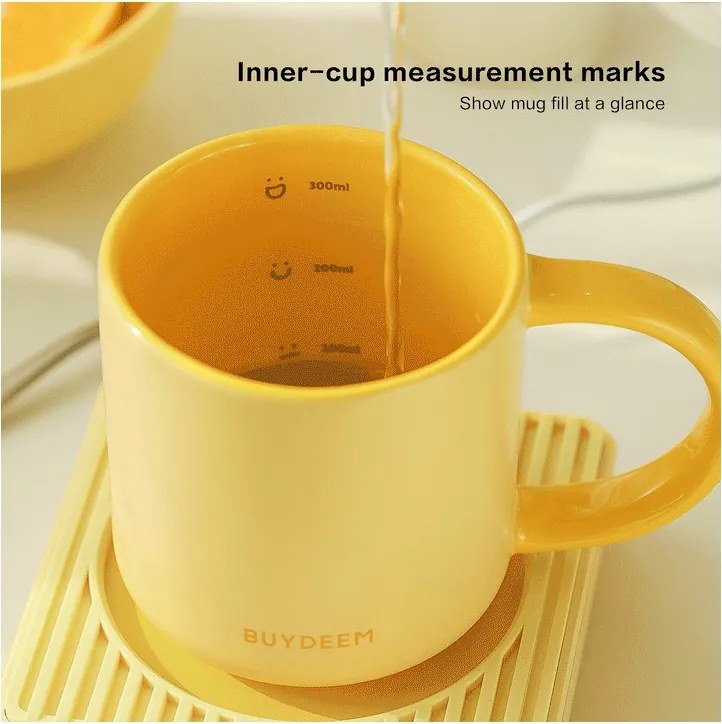 Ceasca ceramica pentru ceai si cafea Buydeem CD1018-MY, 350 ml, Fund plat, Scala de masurare interna, Ceramica pentru temperaturi inalte, Galben