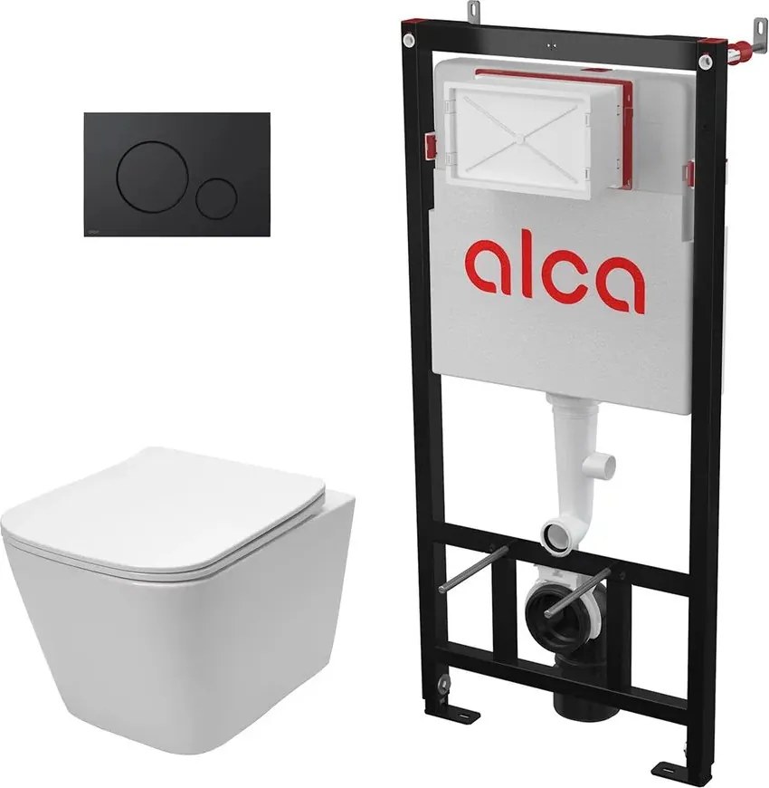 Pachet vas wc suspendat Rea, capac softclose, rama instalare Alcadrain Sadromodul si clapeta Alcadrain negru