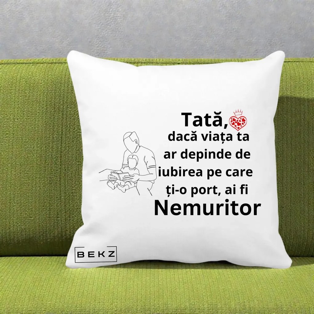 Cadou pentru Tata - Perna Personalizata Tata Nemuritor Lectura, 40x40 cm, Alba Mata, Husa Detasabila, Perna Inclusa, BEKZ®