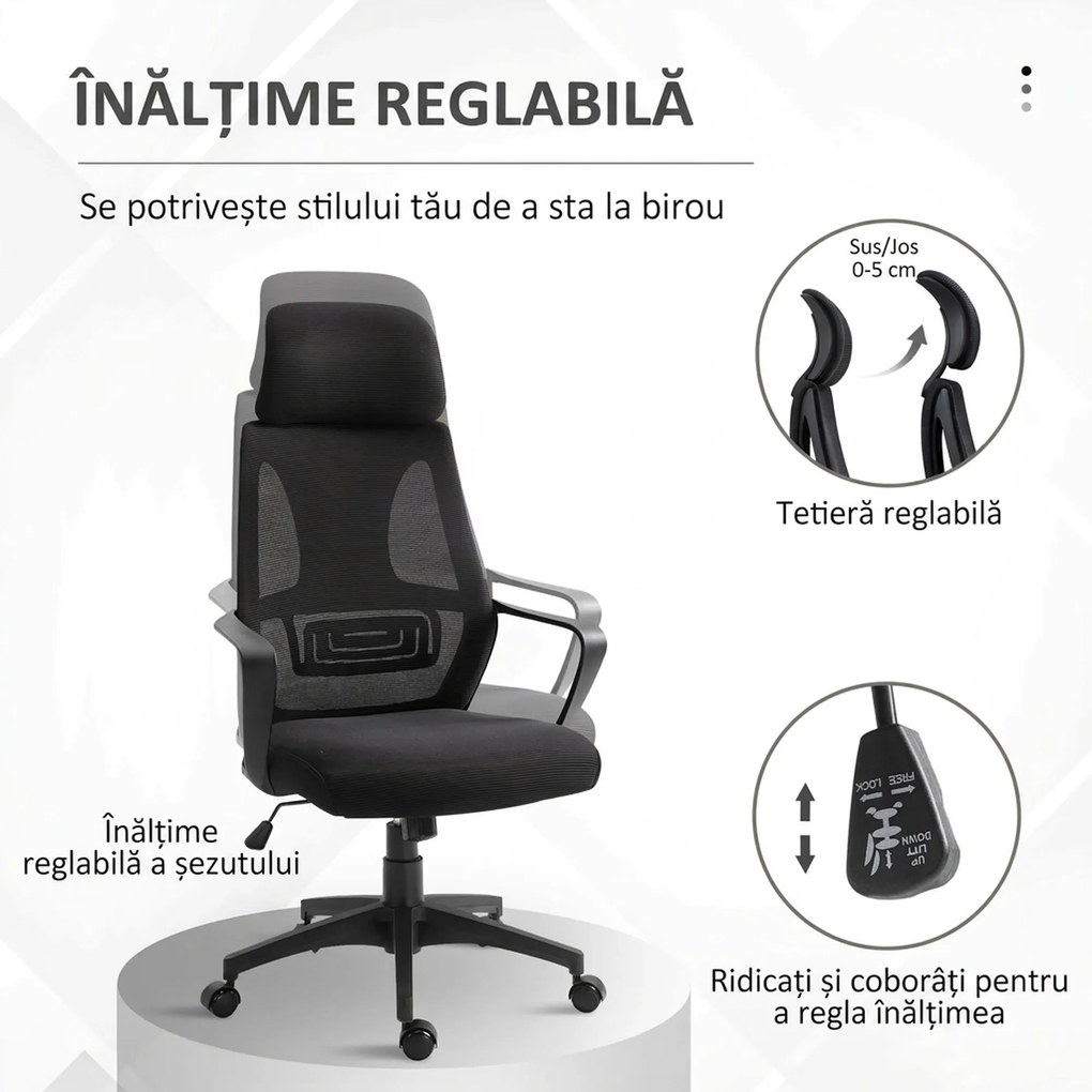 Vinsetto Scaun de Birou Ergonomic cu Brațe și Tetieră Reglabilă, Scaun Pivotant cu Suport Lombar, 64x55x116-126 cm, Negru | Aosom Romania