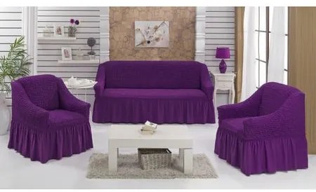 Set huse elastice si creponate pentru canapea 3 locuri si 2 fotolii, cu volanas, culoare Mov
