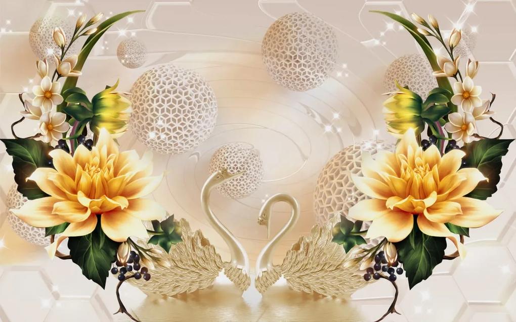 Tapet Premium Canvas - Abstract flori aurii si lebede din portelan