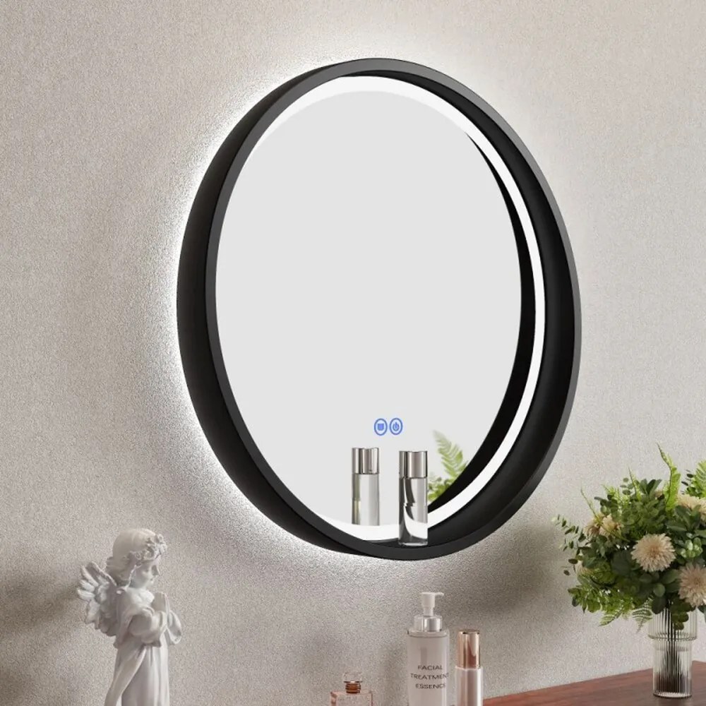 Oglinda cu iluminare si dezaburire Inter Ceramic forma rotunda 60 cm rama neagra