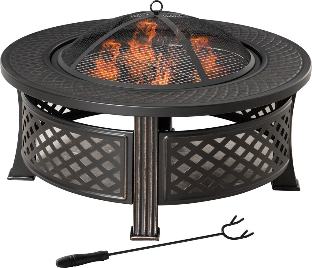 Outsunny Cuvă de foc cu cârlig, protecție la scântei, coș de foc, masă pentru foc rotund, loc de foc pentru grădină, camping, BBQ, oțel, negru, 81 x 81 x 50 cm | Aosom Romania