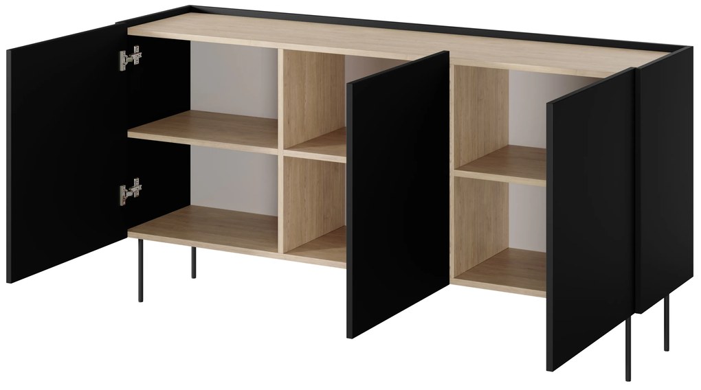 Comodă Desin 170 cm trei uși - negru mat / stejar Nagano