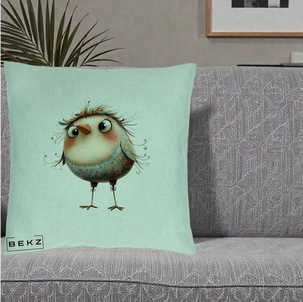 Perna Decorativa Pasare cu Penaj Zbarlit si Gene, 40x40 cm, Verde Menta, Husa Detasabila, Perna Inclusa, BEKZ®