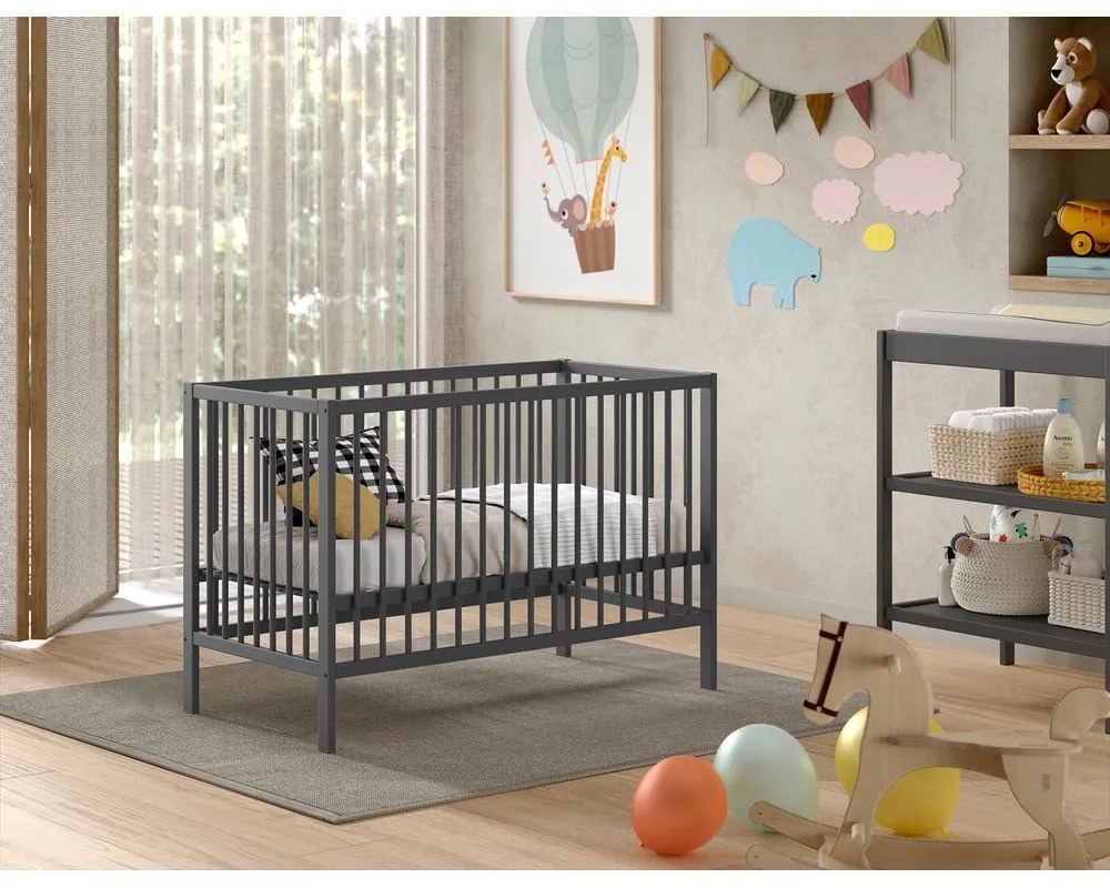 Pătuț gri antracit din lemn masiv de pin 60x120 cm DINO – Vipack