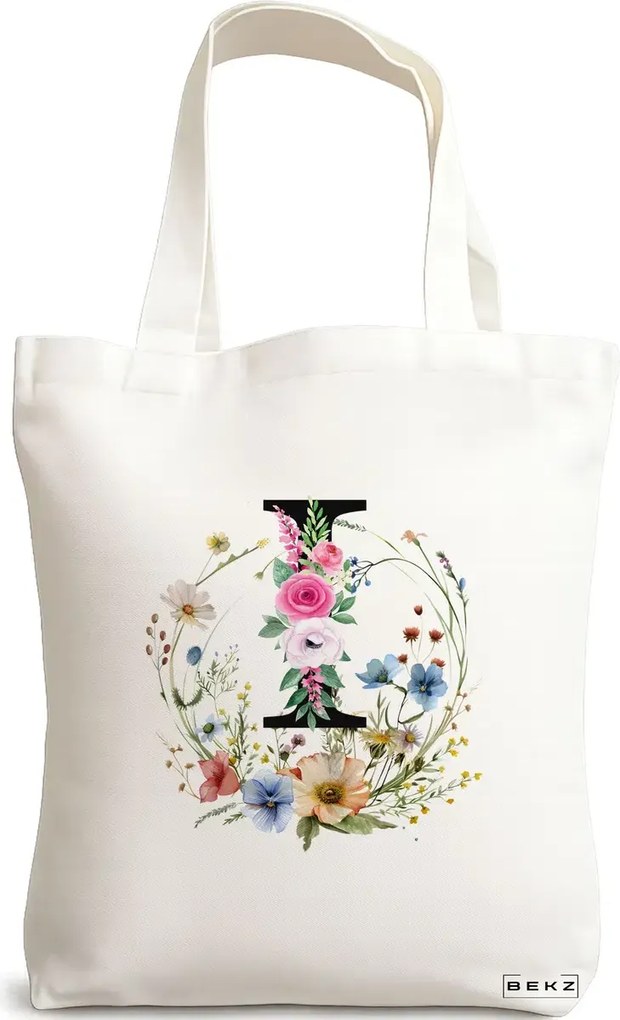 Sacosa de Panza pentru Cumparaturi, Geanta Tote, Cu litera I in Coronita Florala, 38x34.5 cm, Alba, BEKZ®