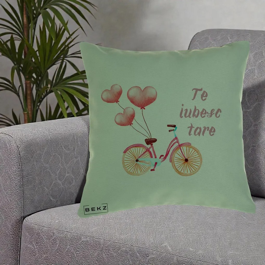 Perna Decorativa Te Iubesc Tare cu Bicicleta Roz si Baloane Inima, 40x40 cm, Verde, Husa Detasabila, Perna Inclusa, BEKZ®