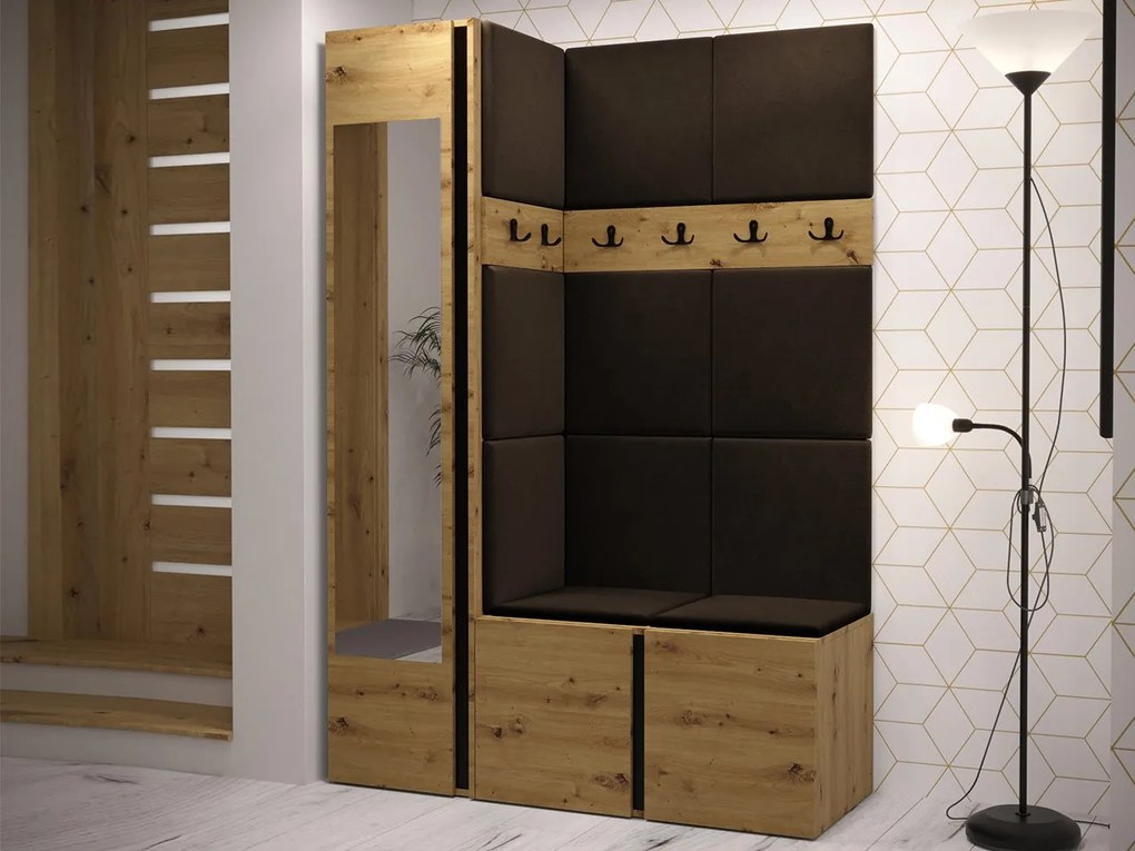 Mobilier hol Tovenaz X (Stejar artisan + Negru + maro) (cu oglindă). 1104801
