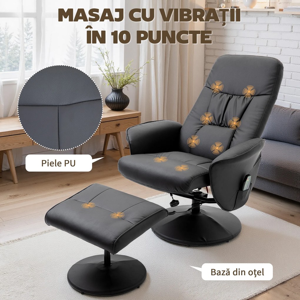HOMCOM Fotoliu Relaxant cu Suport pentru Picioare, Reclinabil 145° cu Șezut Rotativ, cu 10 Puncte de Masaj, Negru | Aosom Romania