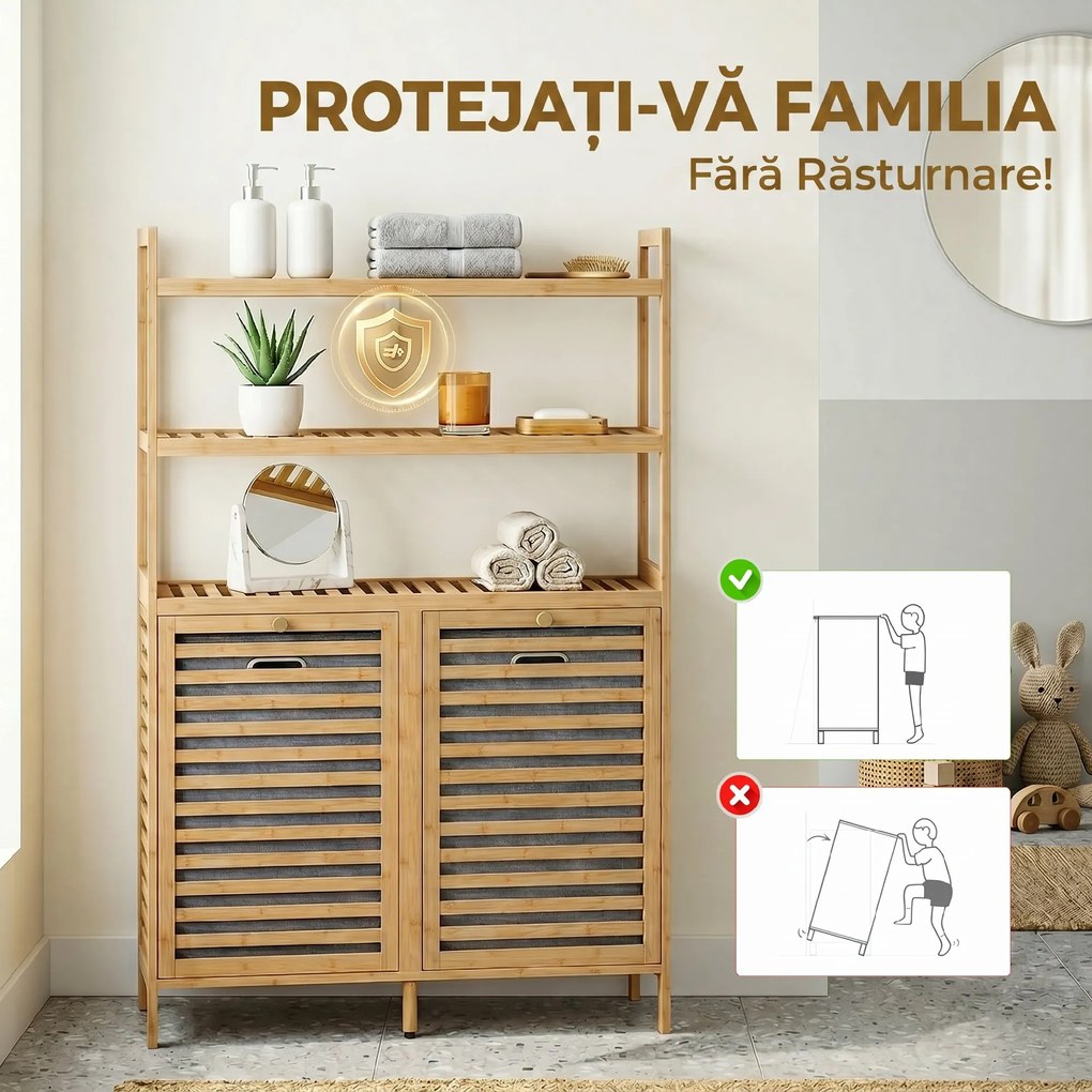 HOMCOM Dulap pentru Rufărie Dublu Rabatabil, Bambus, 2 Coșuri, 3 Rafturi, Culoare Stejar | Aosom Romania