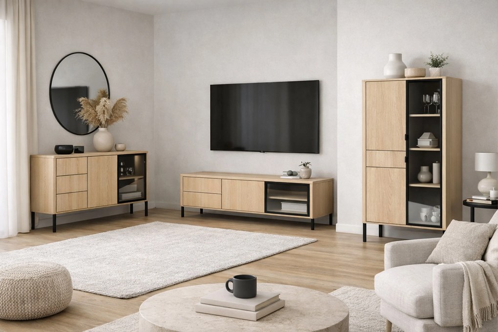 Vitrină înaltă cu sertar și iluminare Harmona 92 cm - stejar lindberg