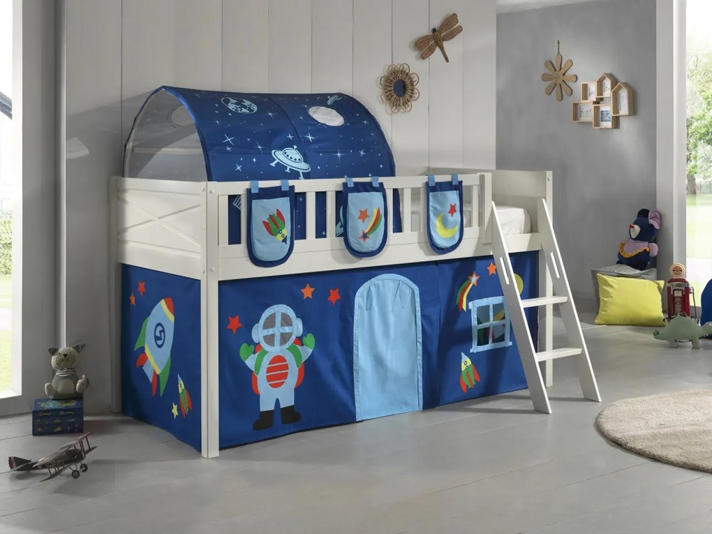 Pat ridicat pentru copii SCOTT, alb, 90 x 200 cm, din pin scandinav și MDF, cu scară frontală, perdea de joacă ASTRO, tunel și 3 saci de depozitare –