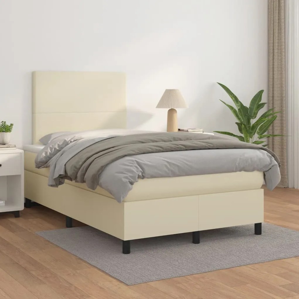 3142715 vidaXL Pat box spring cu saltea, crem, 120x200 cm, piele ecologică