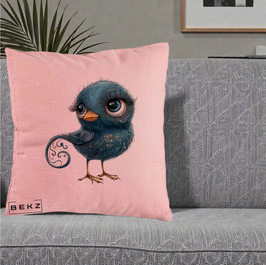 Perna Decorativa Pasare Teal cu Motive Aurii si Coada Spiralata, 40x40 cm, Roz, Husa Detasabila, Perna Inclusa, BEKZ®